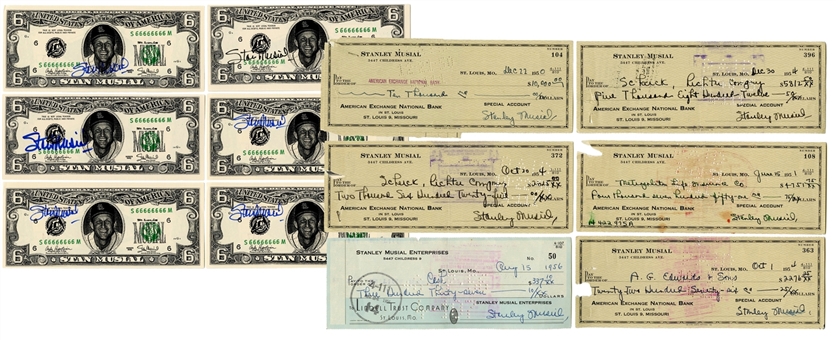 Lot of (15) Stan Musial Signed Checks and Musial Bucks (PSA/DNA Pre-Cert)